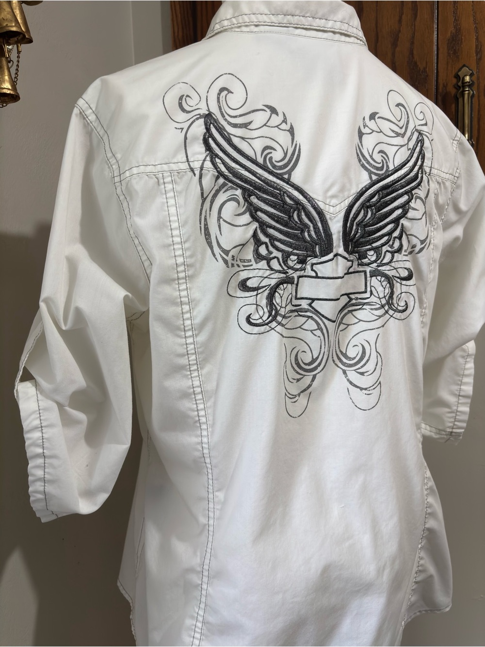 Harley Davidson White Winged Button Up Shirt Large Biker Moto Western Boho - Picture 4 of 15